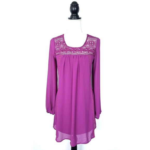 Sequin Hearts Purple Chiffon Long Sleeve Shift Dress Lace Neckline Size Small - Picture 1 of 5